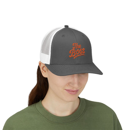 The Boss Trucker Hat – Embroidered Statement Hat for Power Moves Only. Orange Letters