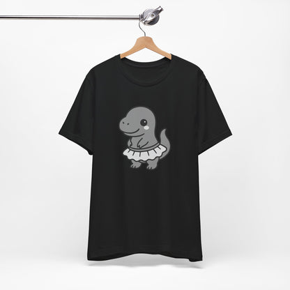 Kawaii T-Rex Dancer Graphic Tee Dark Theme – Cute Dinosaur in Skirt Vector Design