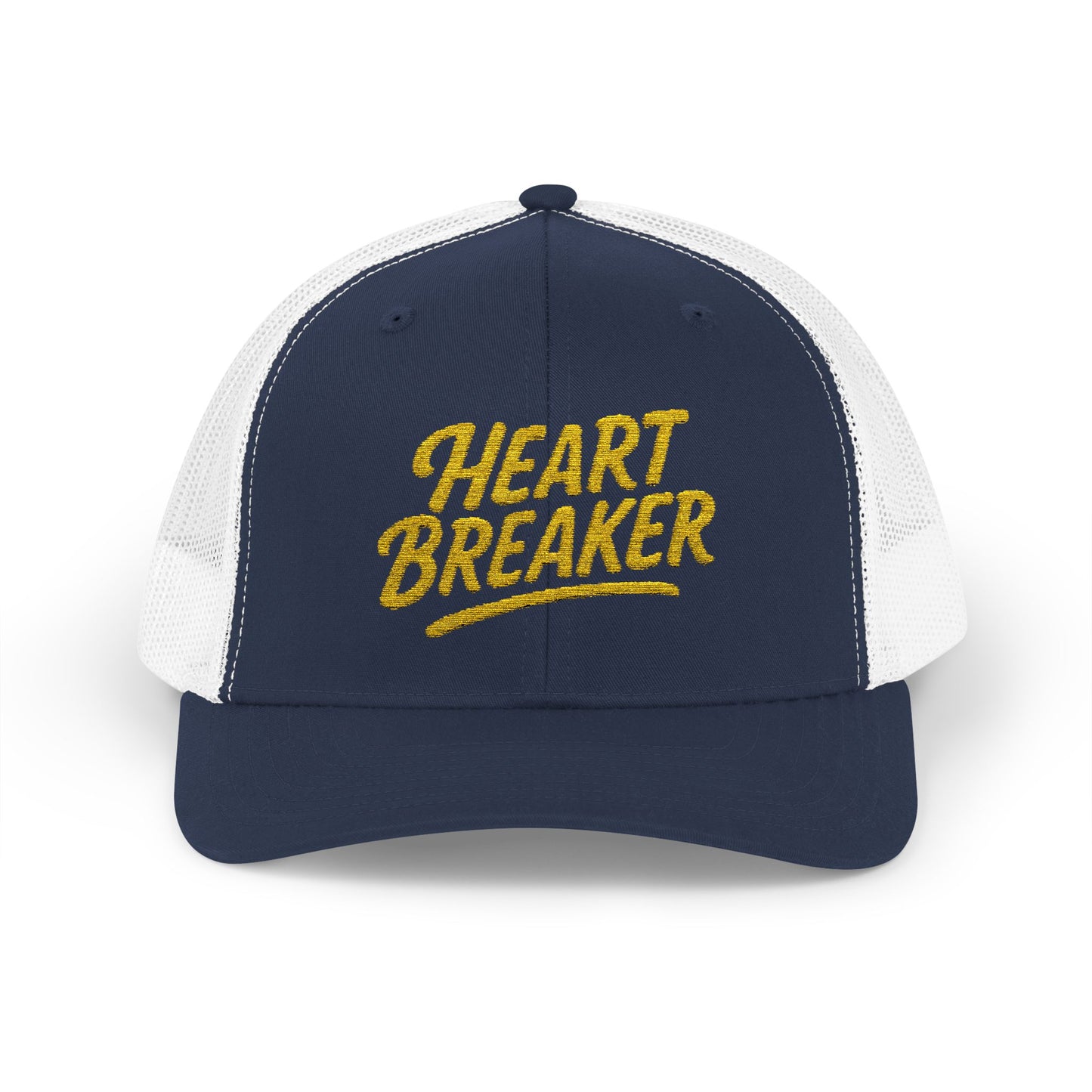 Heartbreaker Trucker Hat – Bold Baseball Hat with Retro Script and Broken Heart Design for Confident Rule-Breakers. Yellow Letters