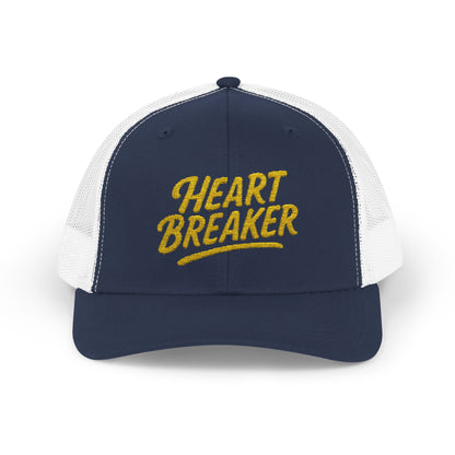 Heartbreaker Trucker Hat – Bold Baseball Hat with Retro Script and Broken Heart Design for Confident Rule-Breakers. Yellow Letters