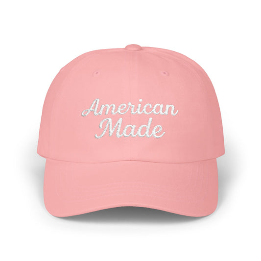 American Made Classic Dad Hat – Embroidered Patriotic Baseball Hat with Retro Script for USA Pride and Everyday Wear. White Letters