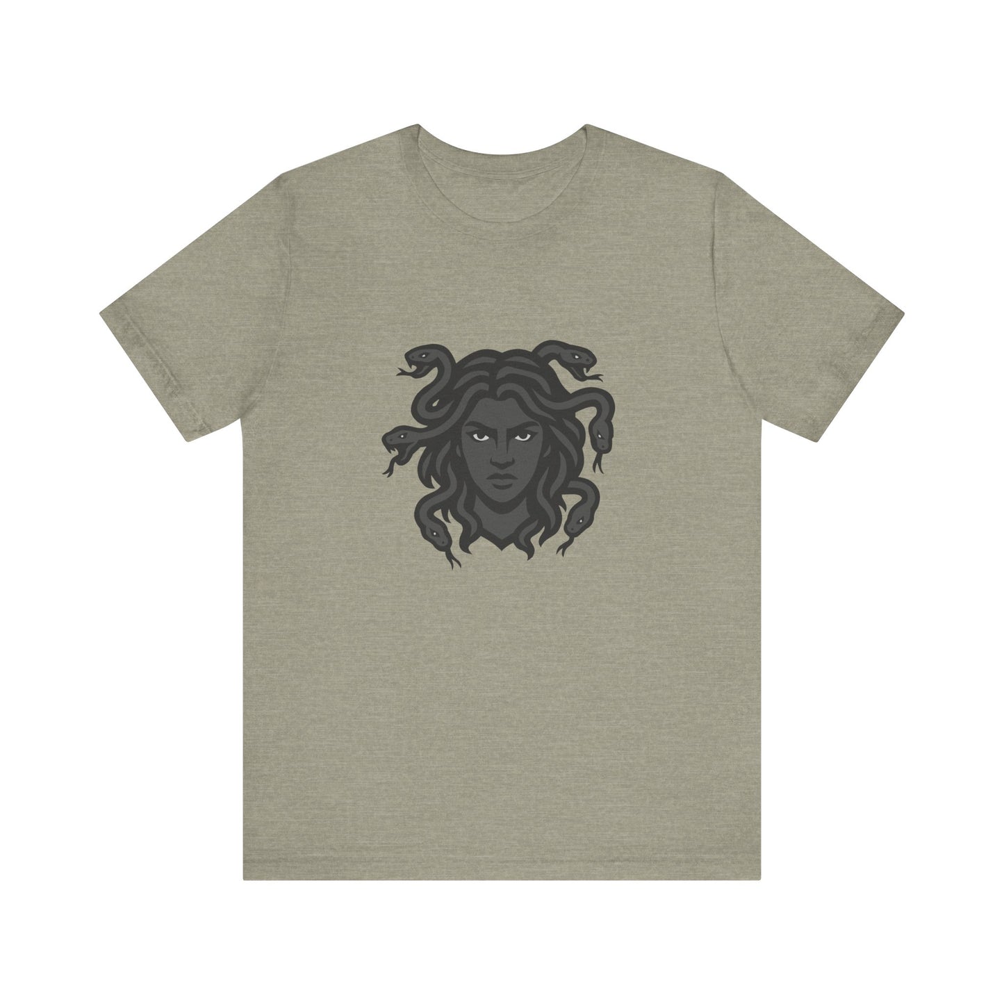 Medusa Graphic T-Shirt – Dark Theme Grayscale Snake-Haired Gorgon Design on Black Tee with Dark Myth Vibe and Modern Ghost Effect. Unisex Jersey Short Sleeve Tee