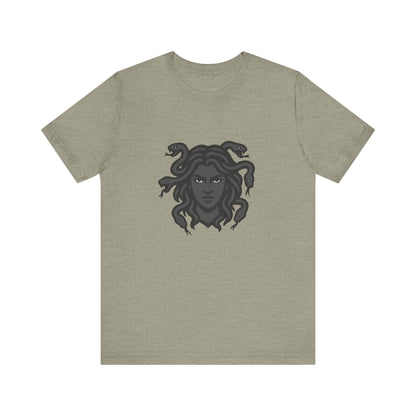 Medusa Graphic T-Shirt – Dark Theme Grayscale Snake-Haired Gorgon Design on Black Tee with Dark Myth Vibe and Modern Ghost Effect. Unisex Jersey Short Sleeve Tee