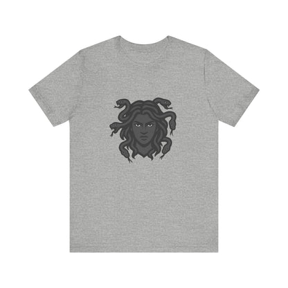 Medusa Graphic T-Shirt – Dark Theme Grayscale Snake-Haired Gorgon Design on Black Tee with Dark Myth Vibe and Modern Ghost Effect. Unisex Jersey Short Sleeve Tee