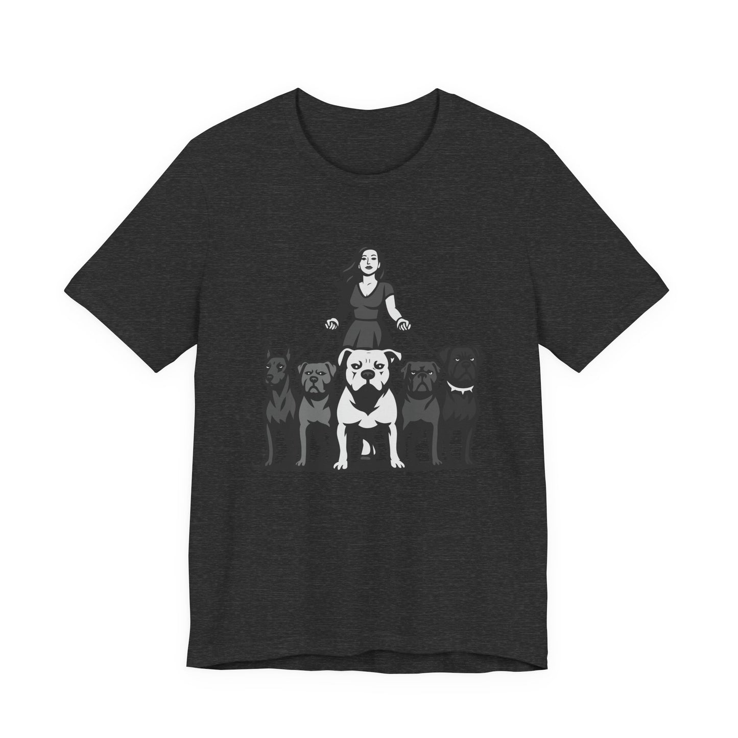 Alpha Woman with Dog Pack Graphic Tee Dark Theme – Confident Dog Walker Vector Design