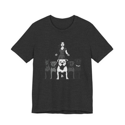 Alpha Woman with Dog Pack Graphic Tee Dark Theme – Confident Dog Walker Vector Design