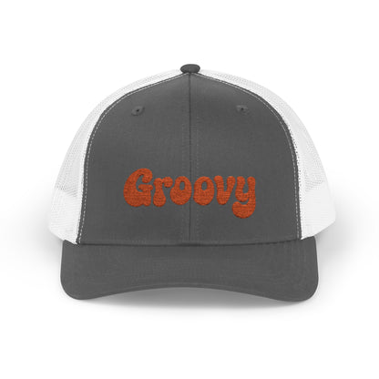 Groovy Trucker Hat – Retro Embroidered Hat with 70s Style Font for Funky Vibes, Chill Days, and Vintage Cool. Orange Letters