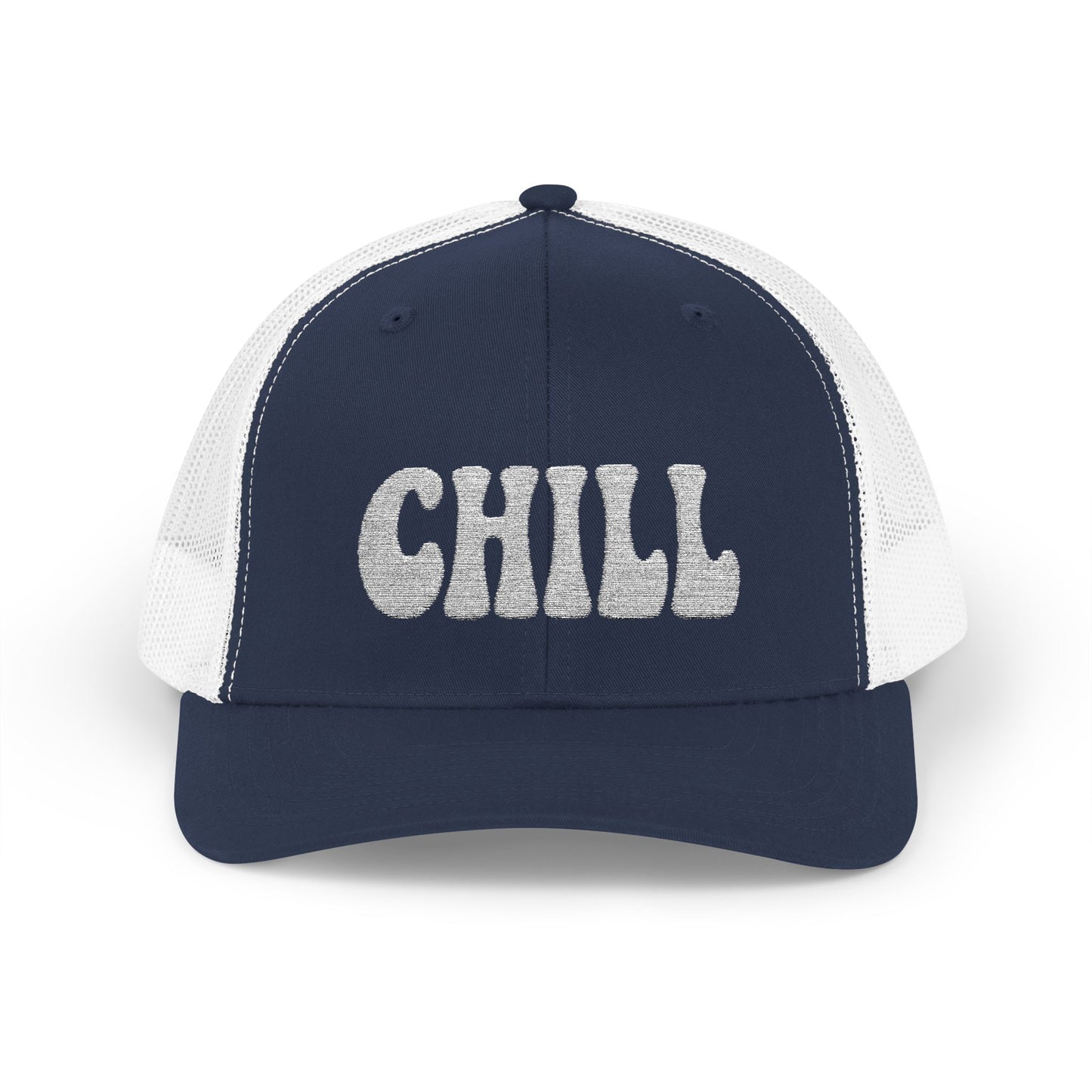Chill Trucker Hat – Embroidered Relaxed Script Hat for Easygoing Vibes and Everyday Cool. White Letters