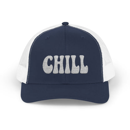 Chill Trucker Hat – Embroidered Relaxed Script Hat for Easygoing Vibes and Everyday Cool. White Letters