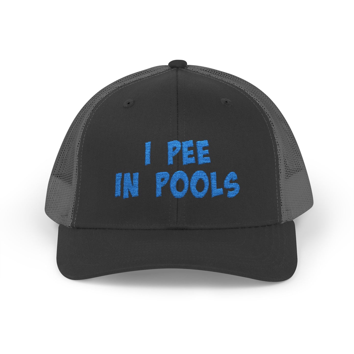 I Pee In Pools Trucker Hat – Funny Hat with Bold Blue Text for Lifeguard Terrors and Poolside Menaces