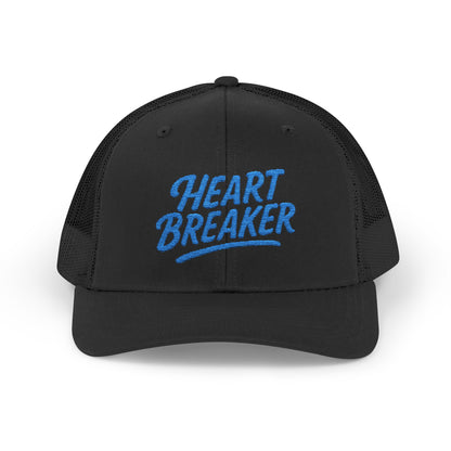 Heartbreaker Trucker Hat – Bold Baseball Hat with Retro Script and Broken Heart Design for Confident Rule-Breakers. Blue Letters