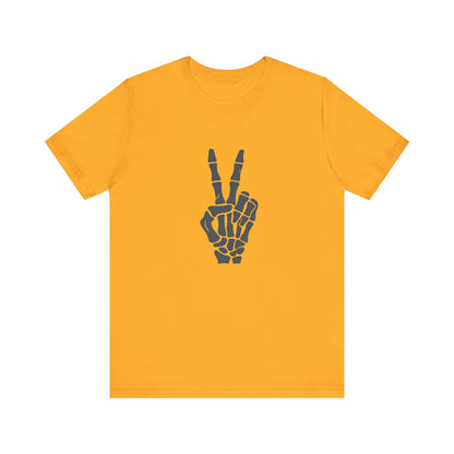 Skeleton Peace Hand Graphic T-Shirt – Gritty Dark Theme Grayscale Bones on Black Tee with Rebellious Calm and Modern Ghost Effect. Unisex Jersey Short Sleeve Tee