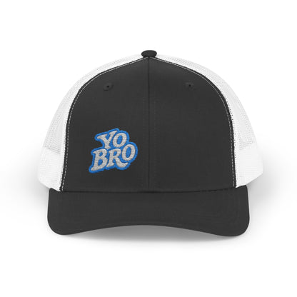Yo Bro Trucker Hat – Embroidered Blue & White Hat for Laid-Back Vibes
