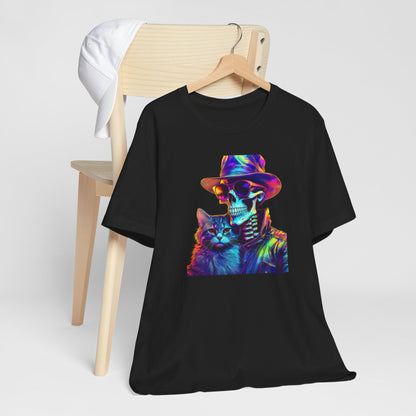Cool Skeleton and Cat Halloween Shirt – Neon Retro Horror Graphic Tee for Spooky Style and Cat Lovers