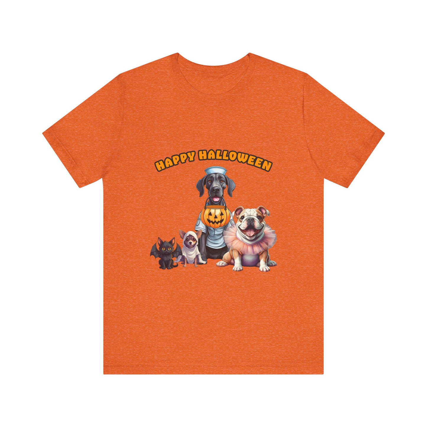 Happy Halloween Pet Parade Shirt – Cute Halloween Dogs and Cat in Costumes. Unisex Jersey Short Sleeve Tee
