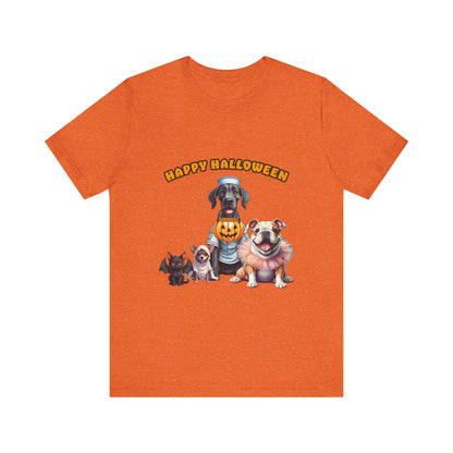 Happy Halloween Pet Parade Shirt – Cute Halloween Dogs and Cat in Costumes. Unisex Jersey Short Sleeve Tee