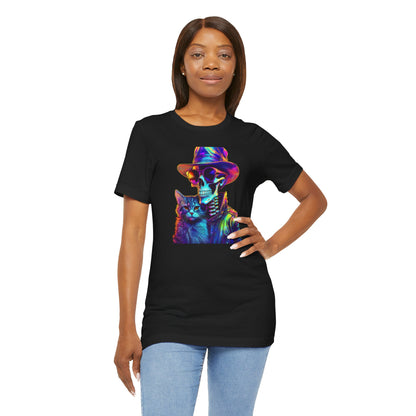 Cool Skeleton and Cat Halloween Shirt – Neon Retro Horror Graphic Tee for Spooky Style and Cat Lovers