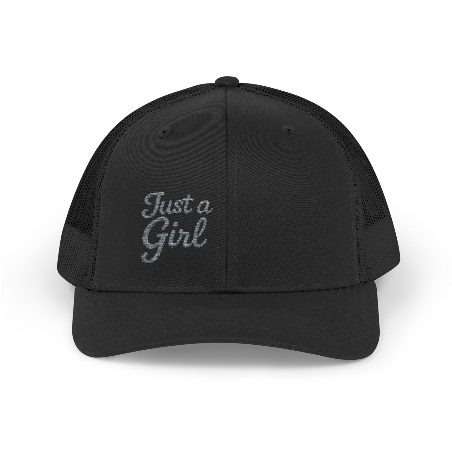 Just a Girl Trucker Hat – Minimalist Script Hat with Bold Feminine Energy and Classic Style. Grey Letters