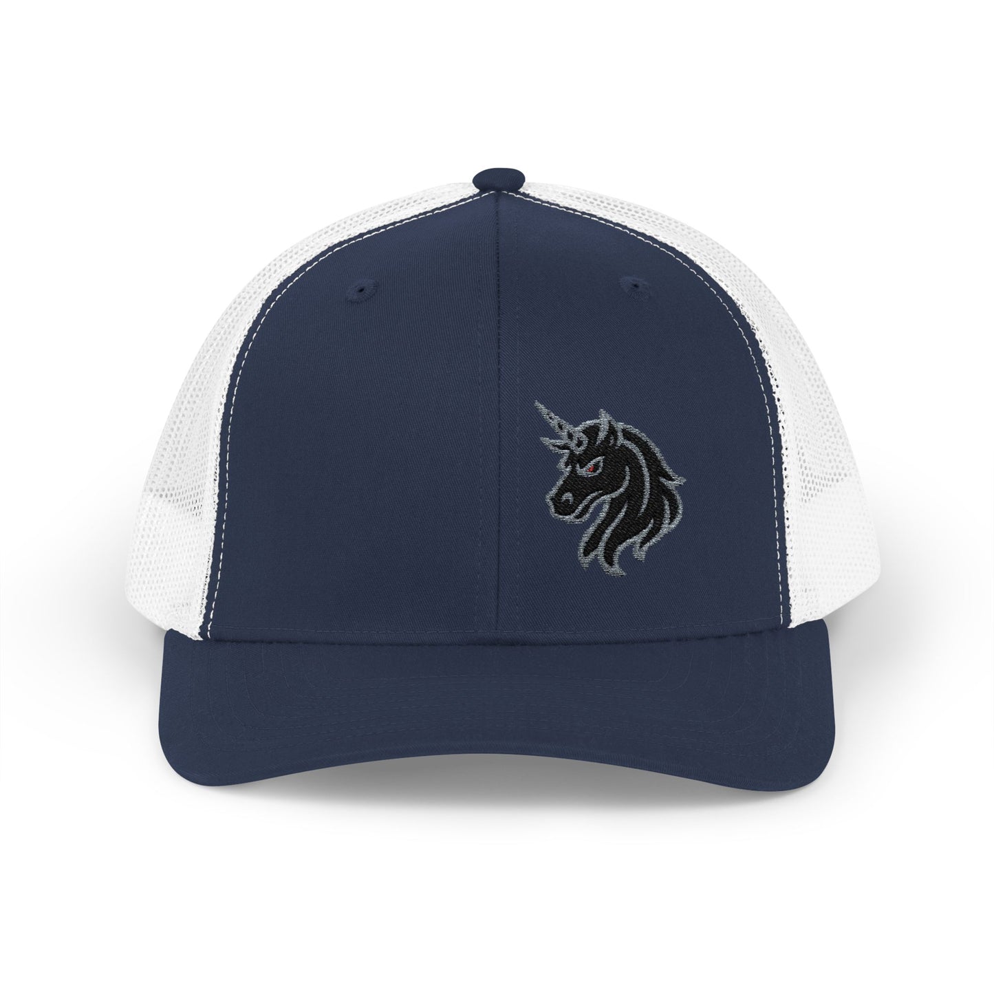 Angry Unicorn Trucker Hat – Embroidered Gothic Fantasy Hat with Red Eyes and Fierce Horned Design