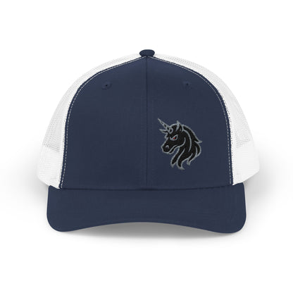 Angry Unicorn Trucker Hat – Embroidered Gothic Fantasy Hat with Red Eyes and Fierce Horned Design