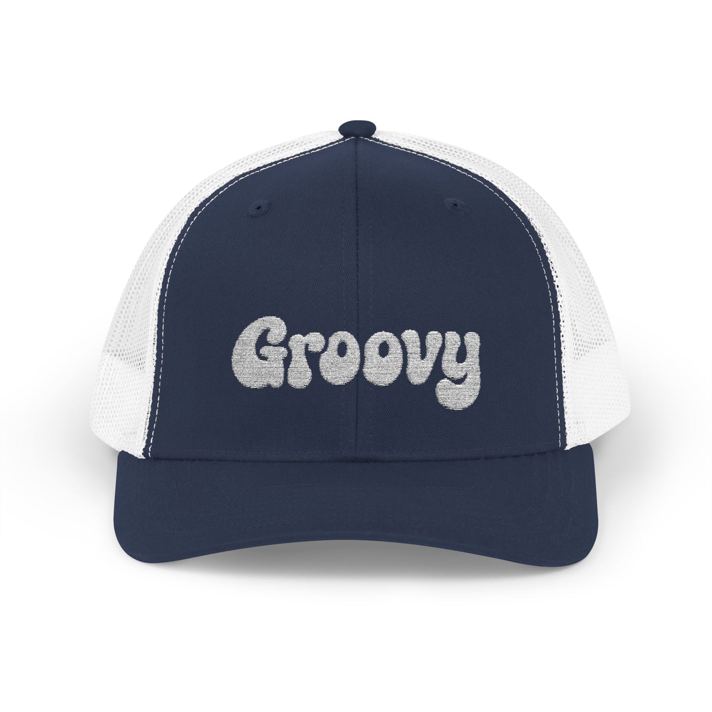 Groovy Trucker Hat – Retro Embroidered Hat with 70s Style Font for Funky Vibes, Chill Days, and Vintage Cool. White Letters