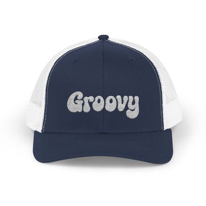 Groovy Trucker Hat – Retro Embroidered Hat with 70s Style Font for Funky Vibes, Chill Days, and Vintage Cool. White Letters