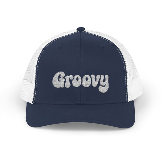 Groovy Trucker Hat – Retro Embroidered Hat with 70s Style Font for Funky Vibes, Chill Days, and Vintage Cool. White Letters