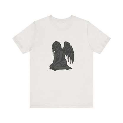 Fallen Angel Dark Theme Graphic T-Shirt – Dark Grayscale Crying Angel Design on Black Tee with Gothic Mood and Modern Ghost Effect. Unisex Jersey Short Sleeve Tee