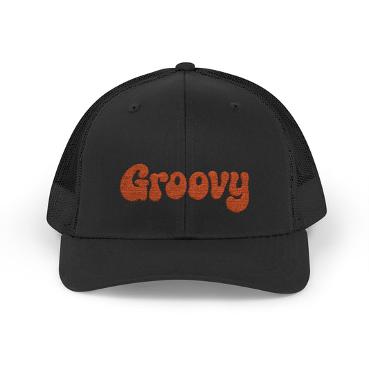 Groovy Trucker Hat – Retro Embroidered Hat with 70s Style Font for Funky Vibes, Chill Days, and Vintage Cool. Orange Letters