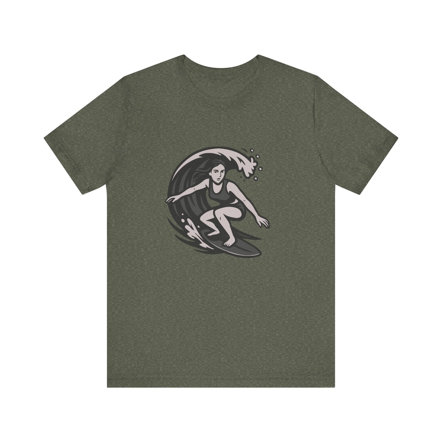 Surf Girl Graphic T-Shirt – Dark Theme Grayscale Female Surfer Riding Wave on Black Tee with Flow State Energy and Modern Ghost Effect. Unisex Jersey Short Sleeve Tee