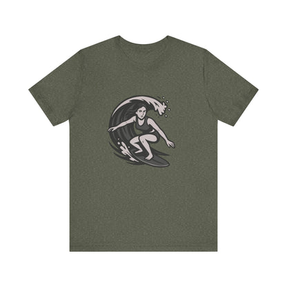 Surf Girl Graphic T-Shirt – Dark Theme Grayscale Female Surfer Riding Wave on Black Tee with Flow State Energy and Modern Ghost Effect. Unisex Jersey Short Sleeve Tee