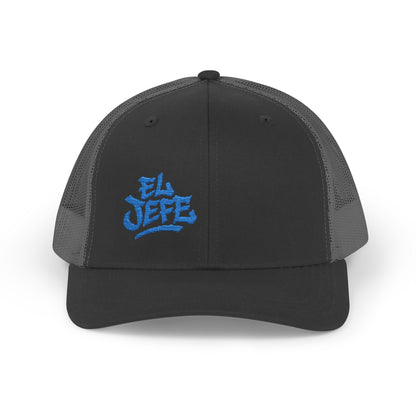 El Jefe Trucker Hat – Embroidered Bold Text Hat for Boss Energy, Leadership Style, and Latin Flair. Blue Letters
