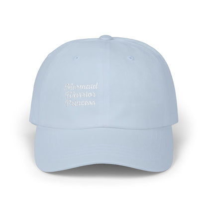 Mermaid Warrior Princess Embroidered Classic Dad Hat – Bold Text Hat for Ocean Queens, Fantasy Fans, and Fierce Beach Style, White Letters