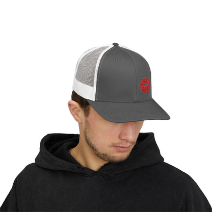 Red Lips Trucker Hat – Embroidered Pop Art Hat with Kiss Design
