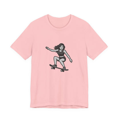 Skater Girl Graphic T-Shirt – Dark Theme Grayscale Skateboarding Design on Black Tee with Bold Motion and Modern Ghost Effect. Unisex Jersey Short Sleeve Tee