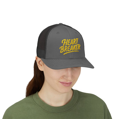 Heartbreaker Trucker Hat – Bold Baseball Hat with Retro Script and Broken Heart Design for Confident Rule-Breakers. Yellow Letters