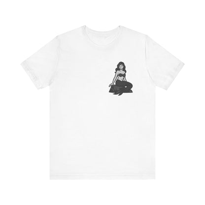 Mermaid Graphic T-Shirt – Dark Theme Grayscale Siren on Rock Design on Black Tee with Fantasy Vibes and Modern Ghost Effect. Unisex Jersey Short Sleeve Tee