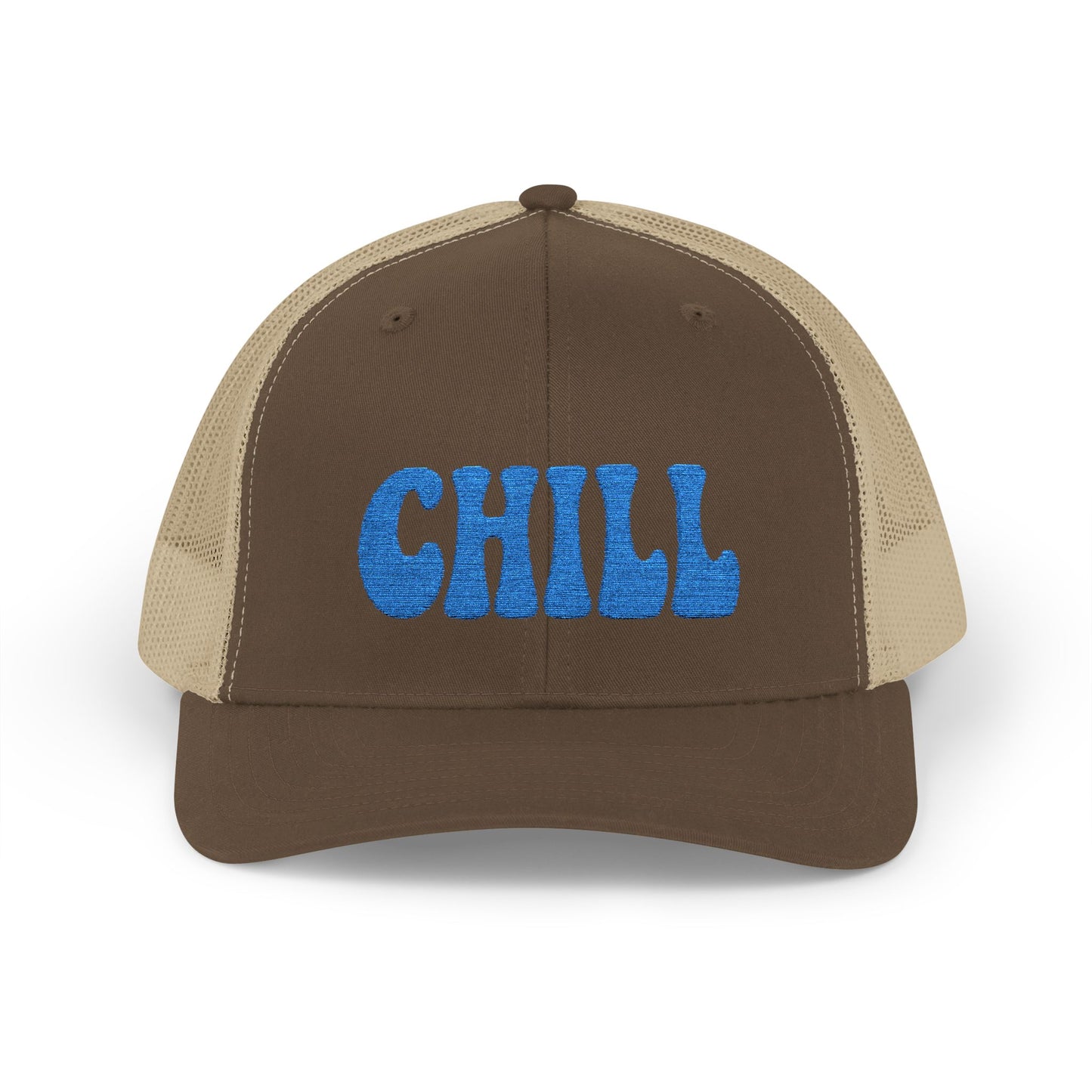 Chill Trucker Hat – Embroidered Relaxed Script Hat for Easygoing Vibes and Everyday Cool. Blue Letters