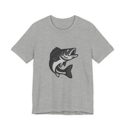 Walleye Fishing Graphic T-Shirt – Dark Theme Grayscale Freshwater Game Fish Design on Black Tee with Angler Energy and Modern Ghost Effect. Unisex Jersey Short Sleeve Tee
