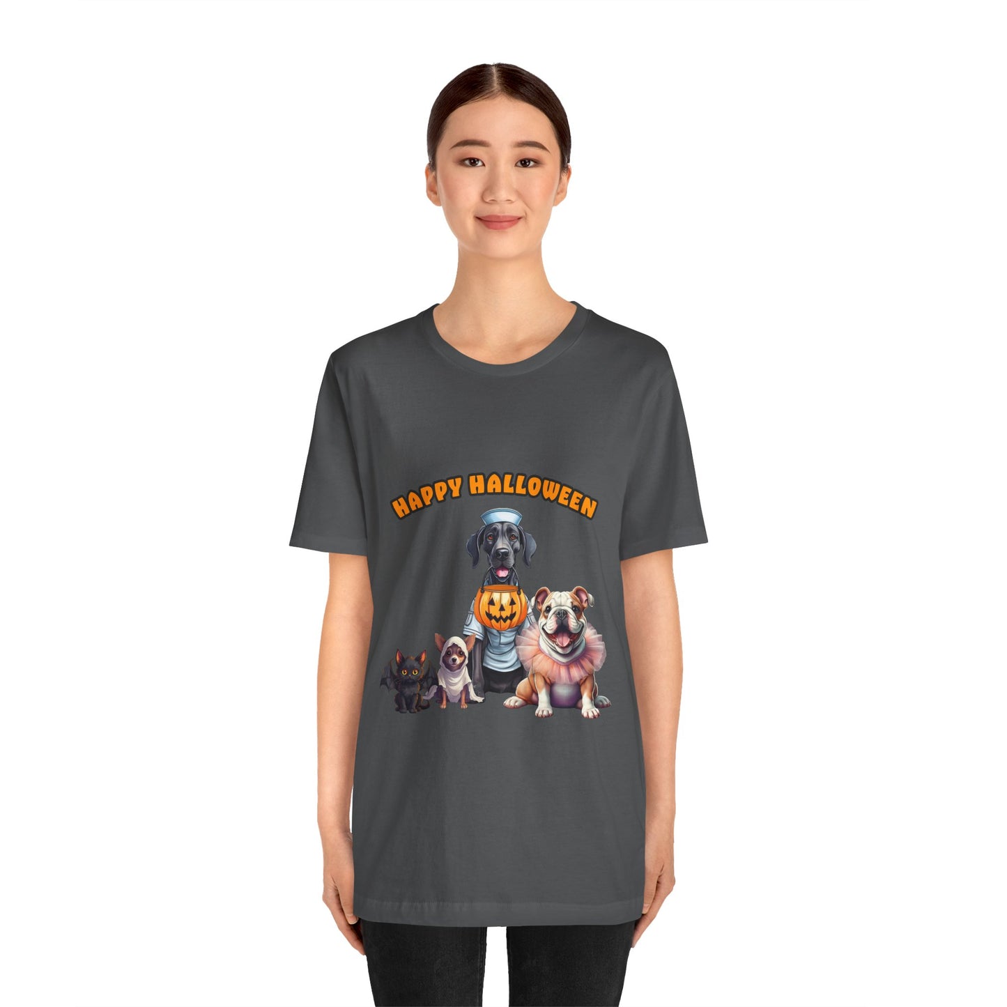 Happy Halloween Pet Parade Shirt – Cute Halloween Dogs and Cat in Costumes. Unisex Jersey Short Sleeve Tee