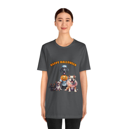 Happy Halloween Pet Parade Shirt – Cute Halloween Dogs and Cat in Costumes. Unisex Jersey Short Sleeve Tee