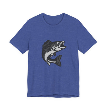 Walleye Fishing Graphic T-Shirt – Dark Theme Grayscale Freshwater Game Fish Design on Black Tee with Angler Energy and Modern Ghost Effect. Unisex Jersey Short Sleeve Tee