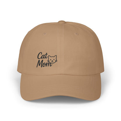 Cat Mom Classic Dad Hat – Embroidered Minimalist Cat Face Hat for Feline-Loving Women with Style. Black Letters