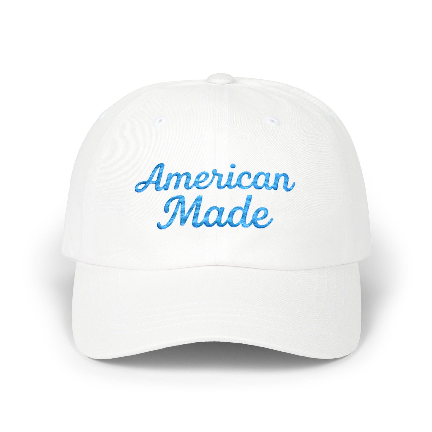 American Made Classic Dad Hat – Embroidered Patriotic Baseball Hat with Retro Script for USA Pride and Everyday Wear. Light blue letters