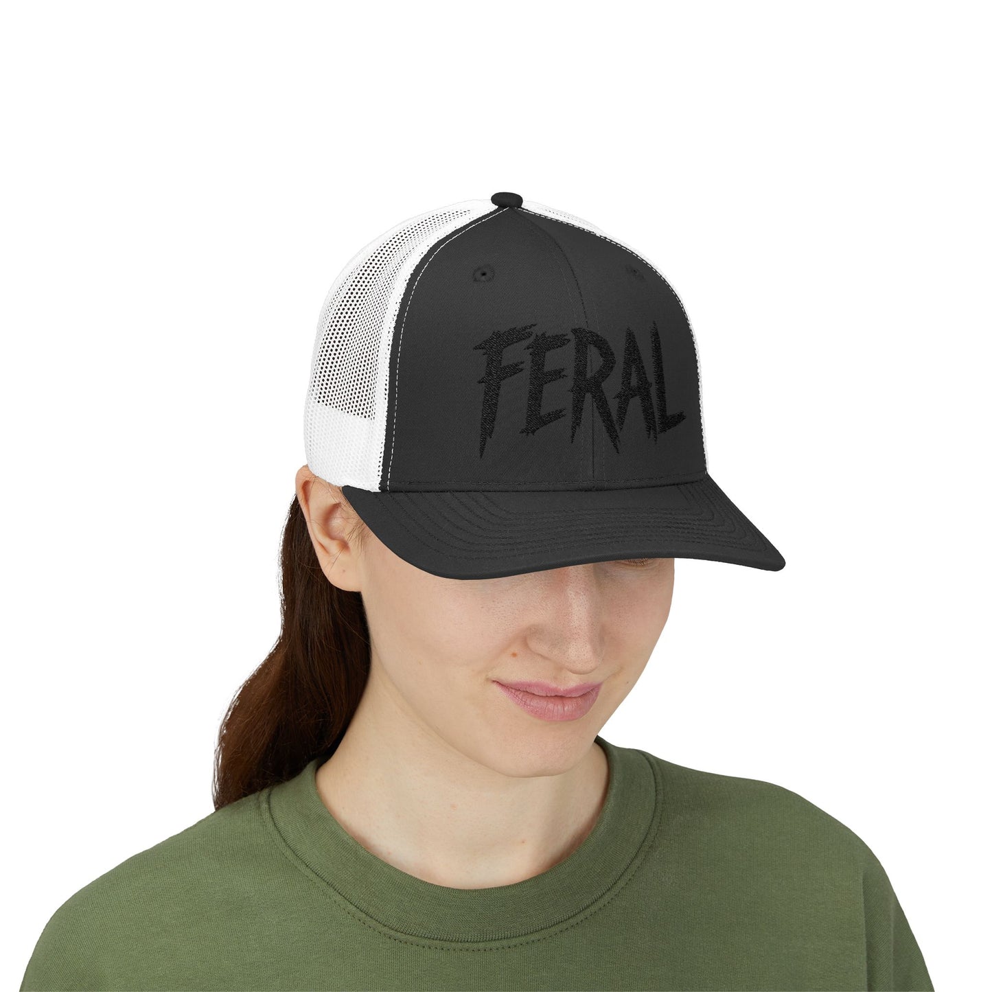 FERAL Embroidered Trucker Hat – Bold Statement Baseball Hat with Wild Energy Font for Rebels, Misfits, and Chaos Enthusiasts