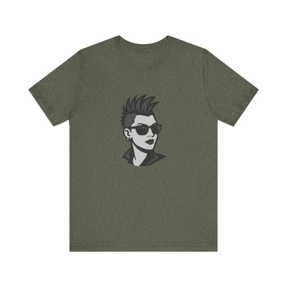 Punk Girl Graphic T-Shirt – Dark Theme Grayscale Spiked Hair Portrait on Black Tee with Bold Energy and Modern Ghost Effect. Unisex Jersey Short Sleeve Tee
