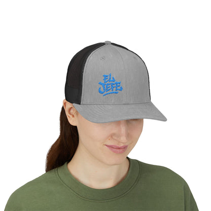 El Jefe Trucker Hat – Embroidered Bold Text Hat for Boss Energy, Leadership Style, and Latin Flair. Blue Letters