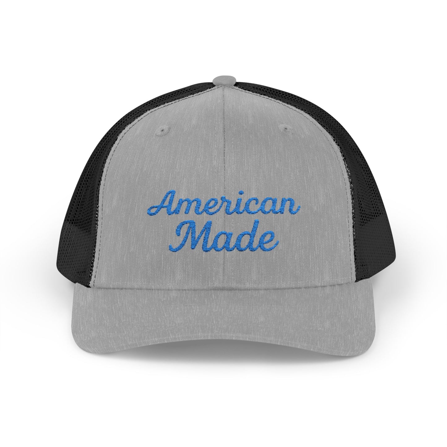 American Made Trucker Hat – Embroidered Patriotic Hat with Retro Script for USA Pride and Everyday Freedom. Blue Letters