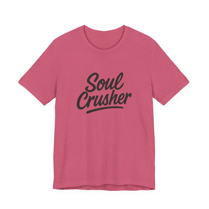 Soul Crusher Text T-Shirt – Dark Theme Grayscale Script Typography on Black Tee with Dark Energy and Modern Ghost Effect. Unisex Jersey Short Sleeve Tee