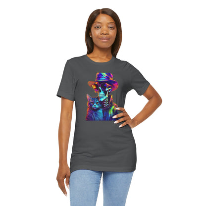Cool Skeleton and Cat Halloween Shirt – Neon Retro Horror Graphic Tee for Spooky Style and Cat Lovers